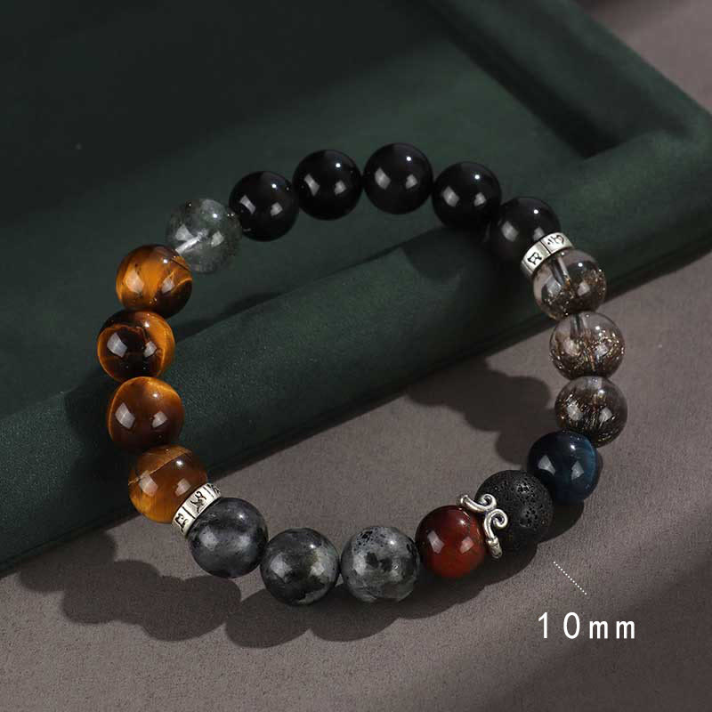 Buddhist Blessing 925 Sterling Silver Black Onyx Gold Sheen Obsidian Lava Rock Tiger Eye Six True Words Wealth Protection Bracelet