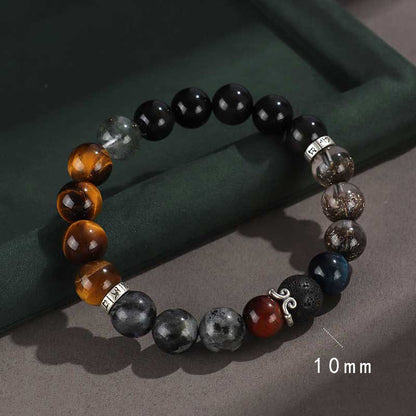 Buddhist Blessing 925 Sterling Silver Black Onyx Gold Sheen Obsidian Lava Rock Tiger Eye Six True Words Wealth Protection Bracelet