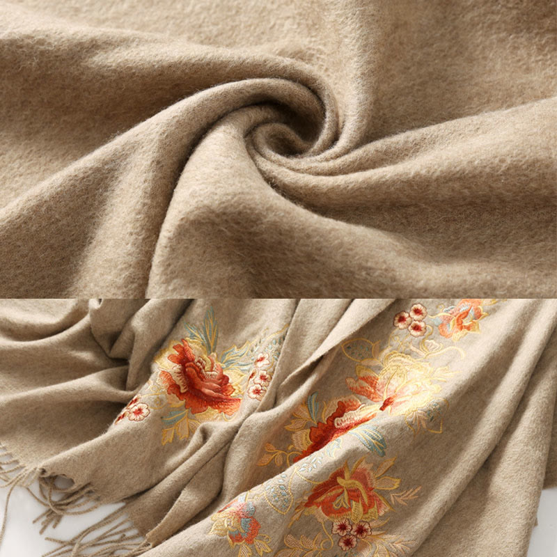 Buddhist Blessing Wool Shawl Red Pink Flower Embroidery Tassel Winter Cozy Travel Scarf Wrap