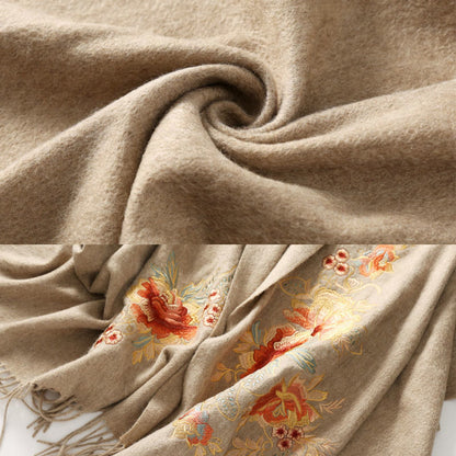 Buddhist Blessing Wool Shawl Red Pink Flower Embroidery Tassel Winter Cozy Travel Scarf Wrap