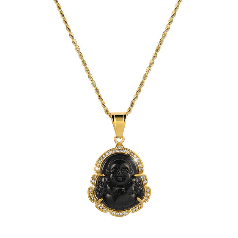 Buddhist Blessing 18K Gold Filled Laughing Buddhist Blessing Jade Luck Necklace Chain Pendant