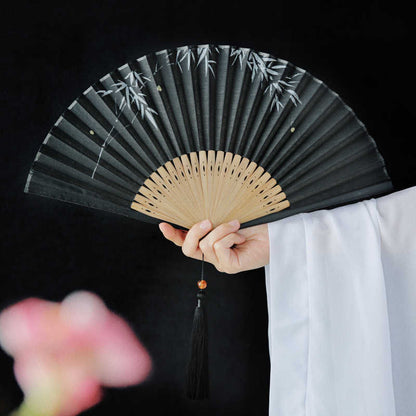 Buddhist Blessing Firefly Bamboo Leaves Pattern Tassels Handheld Bamboo Folding Fan