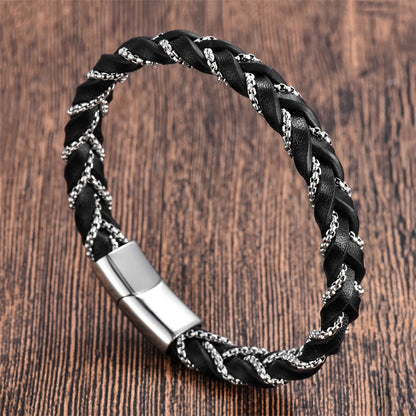 Buddhist Blessing Simple Design Titanium Steel Calm Braided Leather Buckle Bracelet
