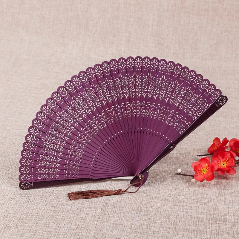 Buddhist Blessing Flower Engraved Hollow Handheld Bamboo Folding Fan 18cm
