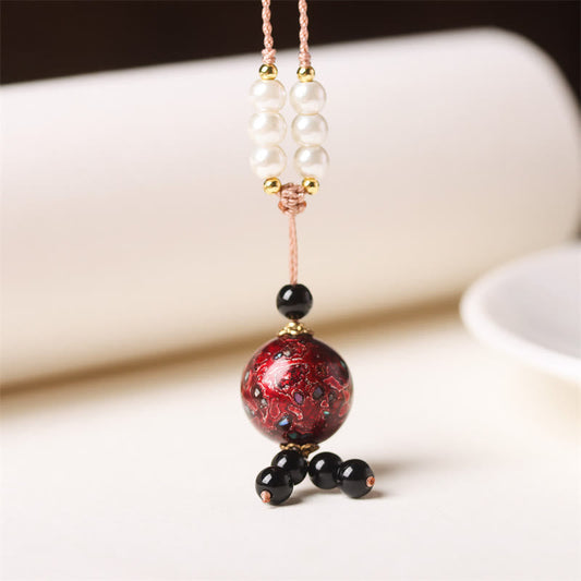 Buddhist Blessing Ebony Wood Aurora Lacquer Craft Bead Pearl Balance Necklace Pendant