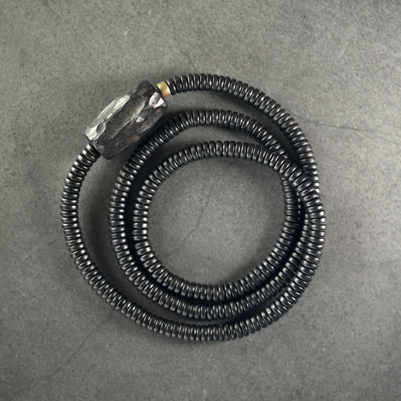 Buddhist Blessing Ebony Wood Copper Brass Balance Triple Wrap Bracelet