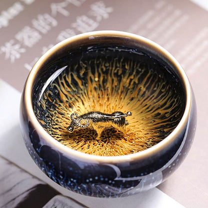 Buddhist Blessing Handmade Chinese Jianzhan Koi Fish Lotus Dragon Phoenix 12 Chinese Zodiac Ceramic Teacup Kung Fu Tea Cup 70ml