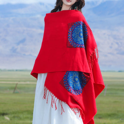 Buddhist Blessing Tibetan Geometric Round Mandala Pattern Tassels Shawl Fall Winter Cozy Scarf Wrap With Pockets