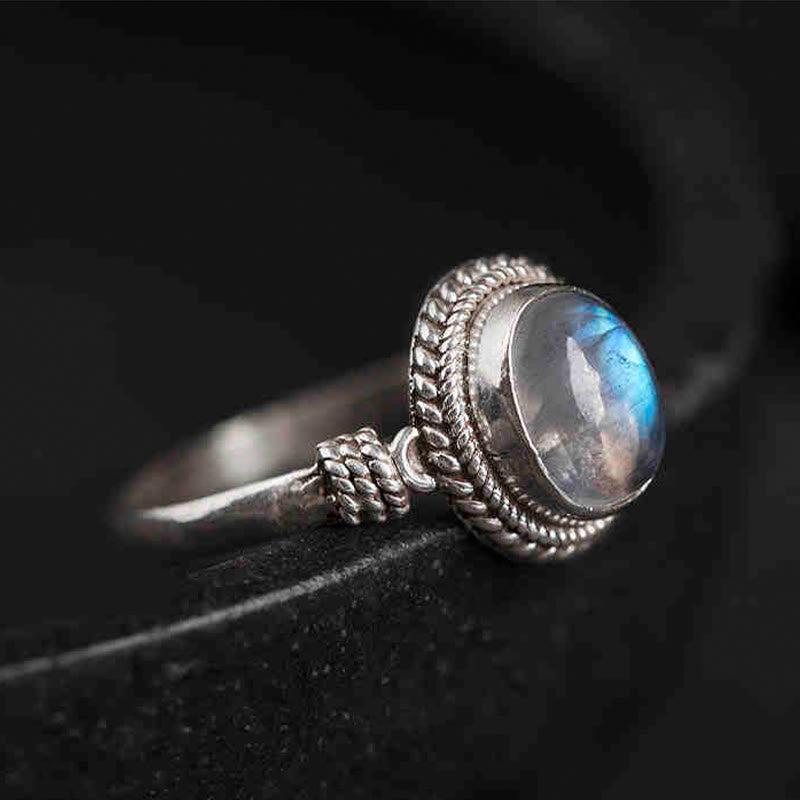 Buddhist Blessing 925 Sterling Silver Natural Moonstone Positive Ring