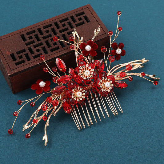 Buddhist Blessing Chinese Wedding Golden Red Flower Branche Hair Comb