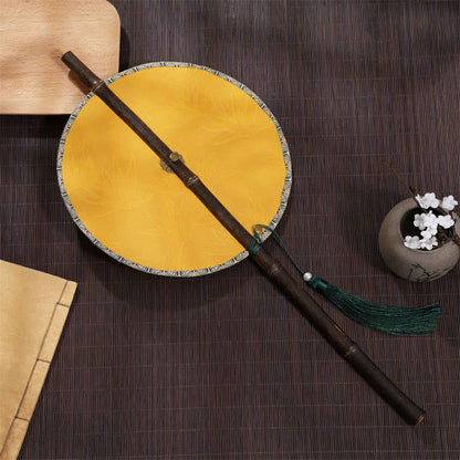 Buddhist Blessing Handmade Cherry Bamboo Leaf Grape Pattern Long Purple Bamboo Handle Portable Curlable Fan