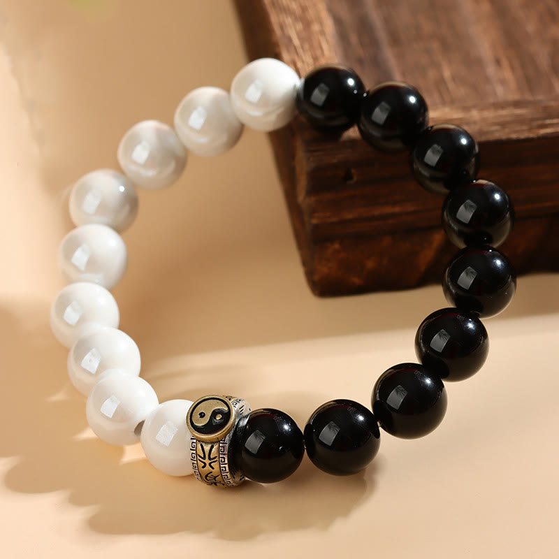 Buddhist Blessing Black Obsidian White Porcelain Beads Yin Yang Fulfilment Bracelet
