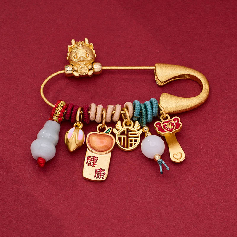 Buddhist Blessing Dragon Fu Character Attract Fortune Brass Protection Brooch