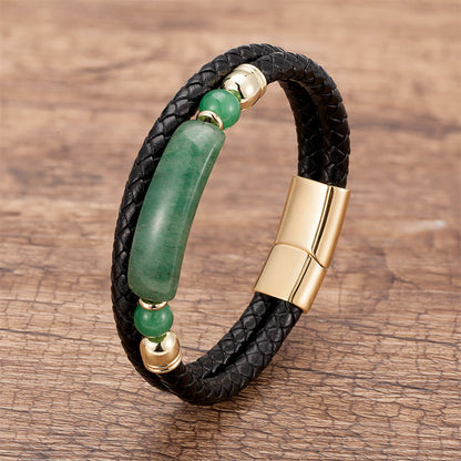 Buddhist Blessing Green Aventurine Tiger Eye Green Agate Black Onyx Hematite Stone Luck Leather Magnetic Buckle Bracelet