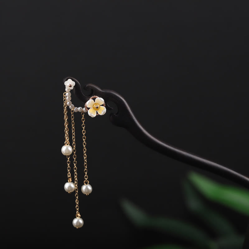 Buddhist Blessing Ebony Shell Flower Pearl Tassel Blessing Hairpin