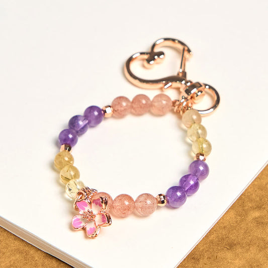 Buddhist Blessing Natural Strawberry Quartz Amethyst Citrine Love Flower Charm Key Chain Hanging Decoration