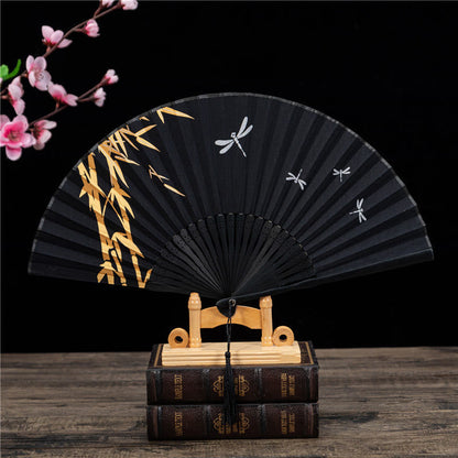 Buddhist Blessing Chinese Characters Golden Dragonfly Handheld Cotton Linen Bamboo Folding Fan 22cm