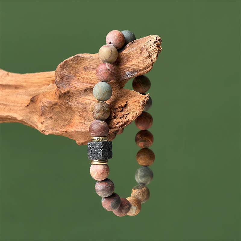 Buddhist Blessing Natural Picasso Jasper Square Lava Rock Courage Bracelet