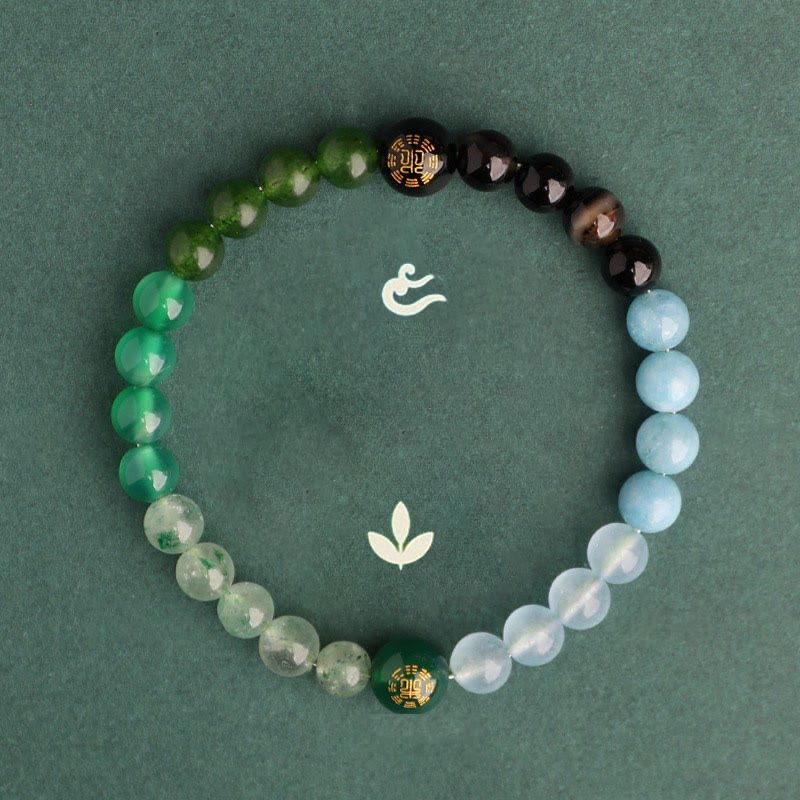 Buddhist Blessing Five Elements Various Agate Crystal Black Onyx Green Chalcedony Aquamarine Wisdom Bracelet