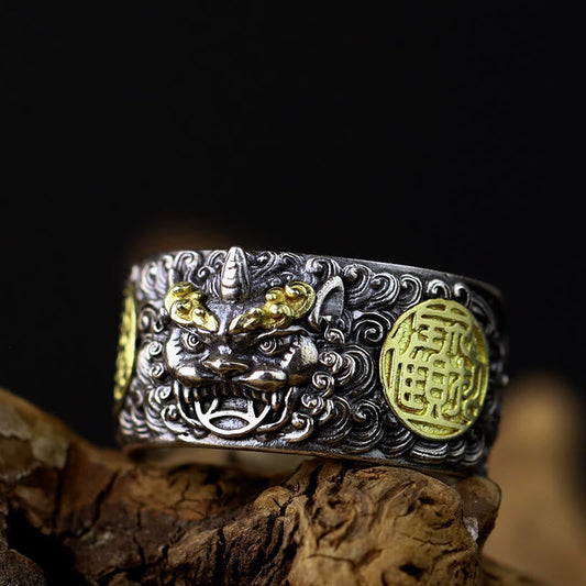 Buddhist Blessing 925 Sterling Silver PiXiu Copper Coin Brass Wealth Luck Adjustable Ring