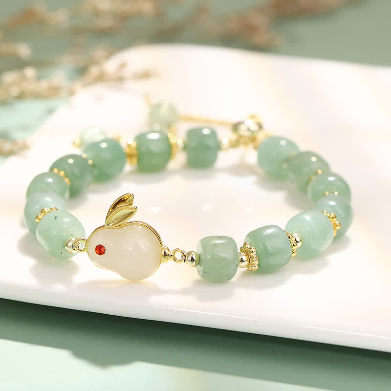 Buddhist Blessing Year of the Rabbit Natural Green Aventurine Luck Bead Bracelet