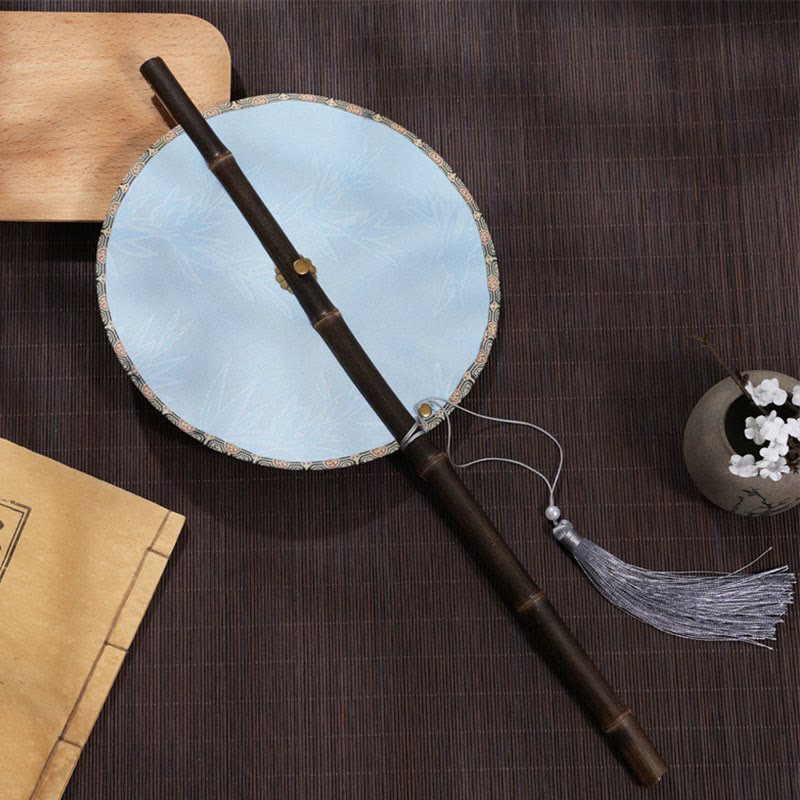 Buddhist Blessing Handmade Cherry Bamboo Leaf Grape Pattern Long Purple Bamboo Handle Portable Curlable Fan