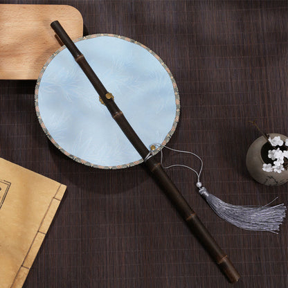 Buddhist Blessing Handmade Cherry Bamboo Leaf Grape Pattern Long Purple Bamboo Handle Portable Curlable Fan