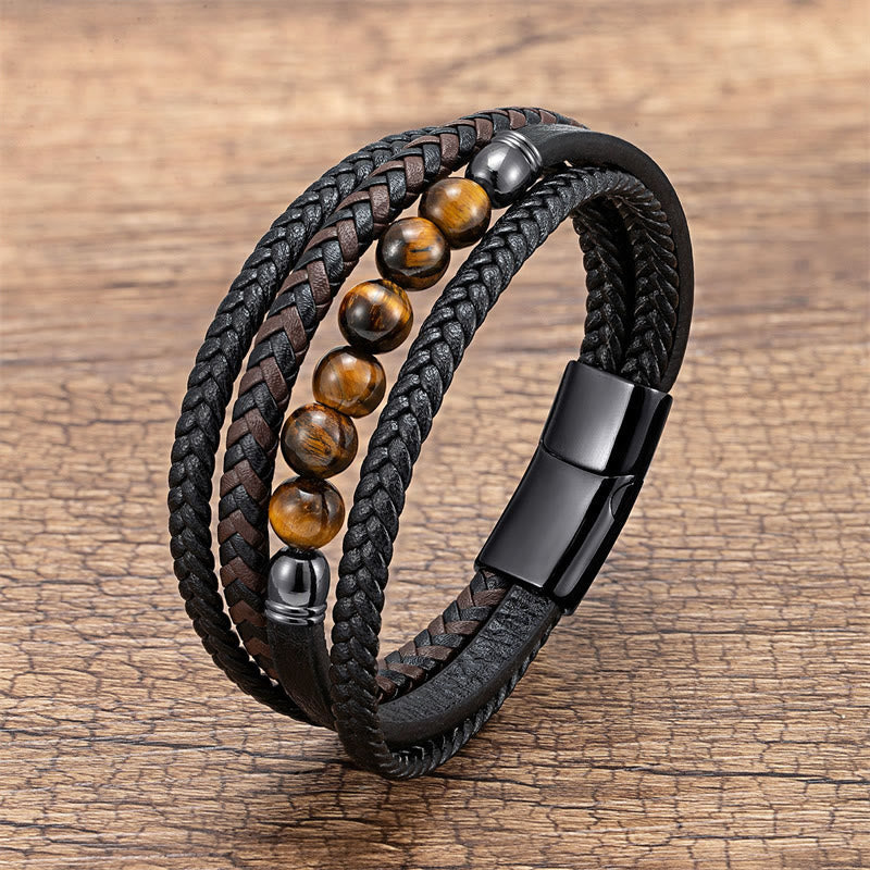 Buddhist Blessing Tiger Eye Lava Rock Black Onyx Lazurite Hematite Bead Positive Leather Bracelet