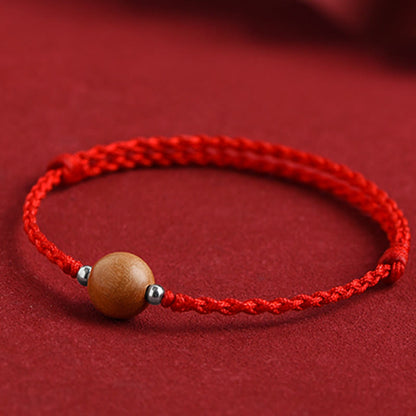 Buddhist Blessing Natural Peach Wood Bead Luck Braided Bracelet Anklet