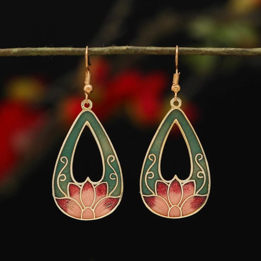 Buddhist Blessing Lotus Butterfly Flower Alloy Copper Enlightenment Drop Earrings