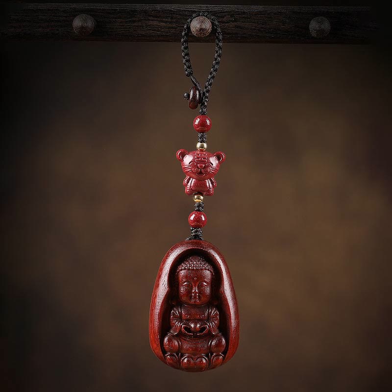 Buddhist Blessing Small Leaf Red Sandalwood Buddha Cinnabar Chinese Zodiac Amulet Protection Key Chain