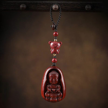 Buddhist Blessing Small Leaf Red Sandalwood Buddha Cinnabar Chinese Zodiac Amulet Protection Key Chain