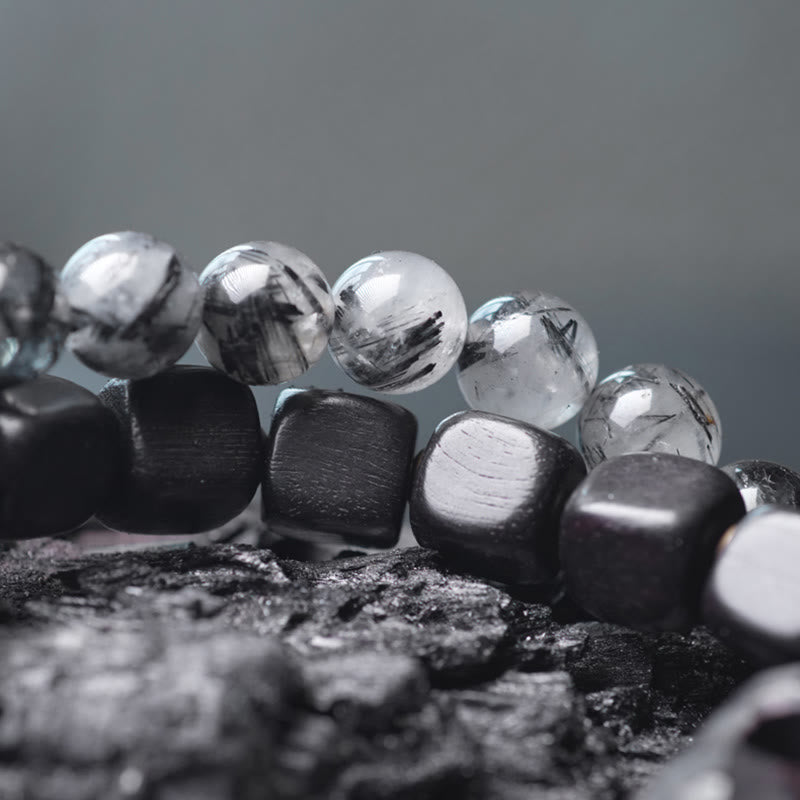 Buddhist Blessing Ebony Wood Black Rutilated Quartz Copper Brass Double Wrap Balance Bracelet