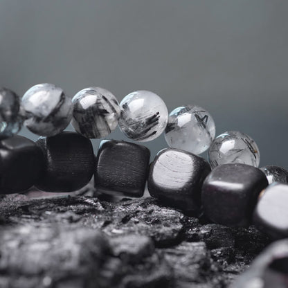 Buddhist Blessing Ebony Wood Black Rutilated Quartz Copper Brass Double Wrap Balance Bracelet