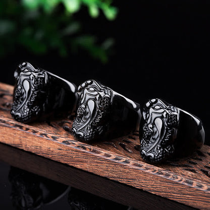Buddhist Blessing FengShui PiXiu Black Obsidian Strength Ring