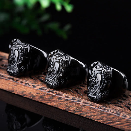 Buddhist Blessing FengShui PiXiu Black Obsidian Strength Ring