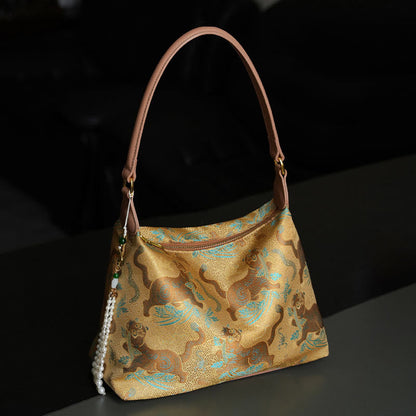 Buddhist Blessing Lotus Bamboo Crane Deer Butterfly Mountain Xiangyunsha Silk Song Brocade Crossbody Bag Shoulder Bag