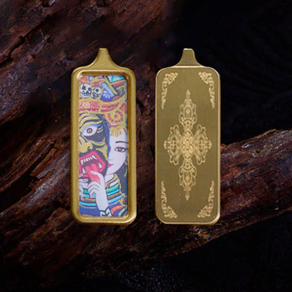 Buddhist Blessing Tibet Zakiram Yellow God of Wealth Nine Tailed Fox Hand-Painted Thangka Calm Necklace Pendant