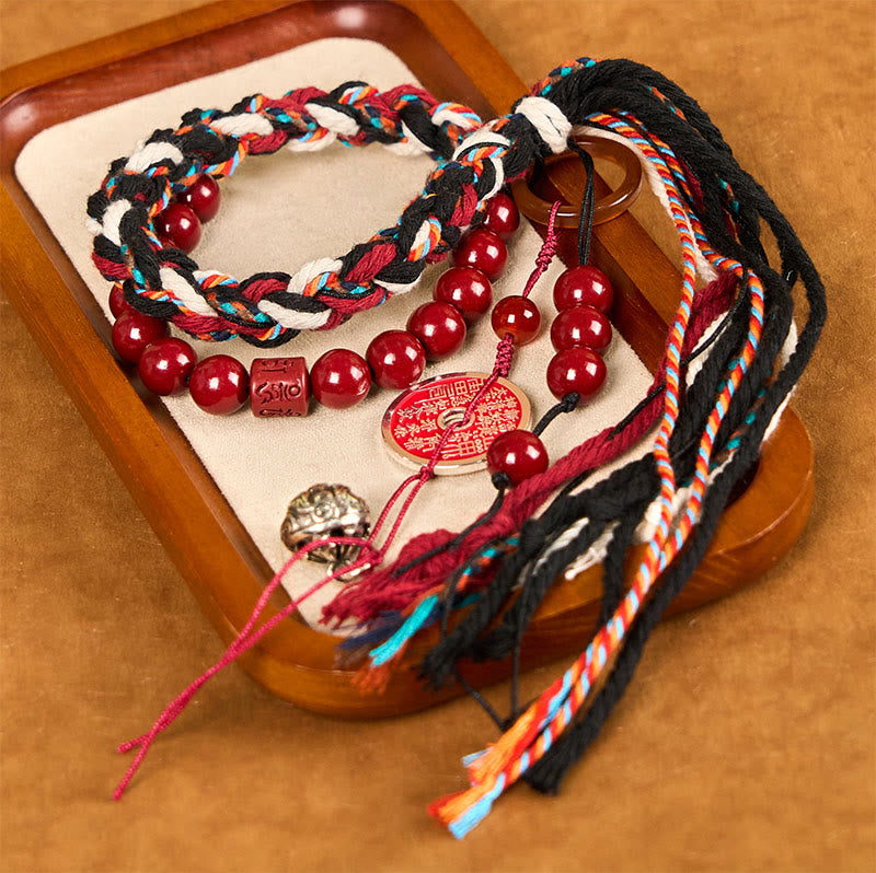 Buddhist Blessing Tibetan Mountain Ghosts Spend Money Cinnabar Double-Layer Red Rope Tassel Protection Bracelet