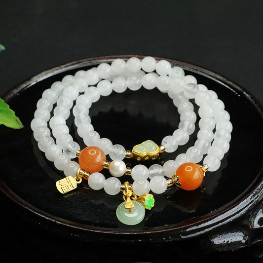 Buddhist Blessing Natural White Jade Multi-layer Gourd Peace Buckle Fu Character Luck Bracelet