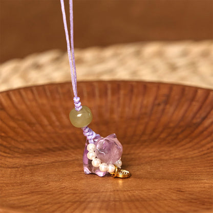 Buddhist Blessing Pink Crystal Amethyst Citrine Pearl Fu Character Lucky Kitten Warmth Phone Hanging Decoration