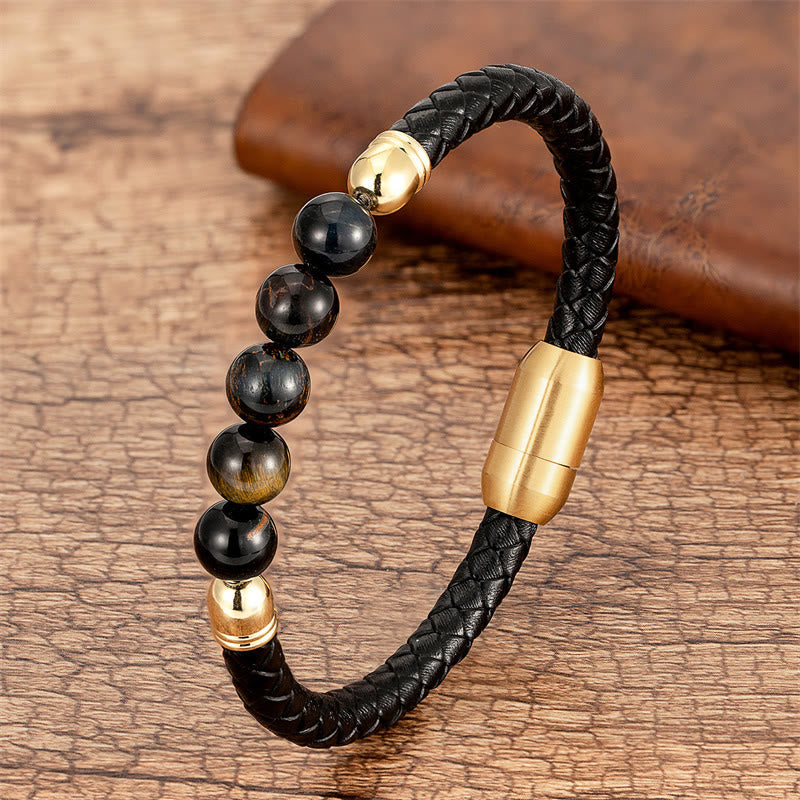 Buddhist Blessing Blue Agate Tiger Eye Lava Rock Black Onyx Lazurite Bead Protection Leather Bracelet
