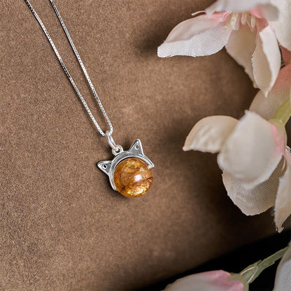 Buddhist Blessing 925 Sterling Silver Natural Inclusion Quartz Yellow Flower Quartz Cat Wealth Necklace Pendant