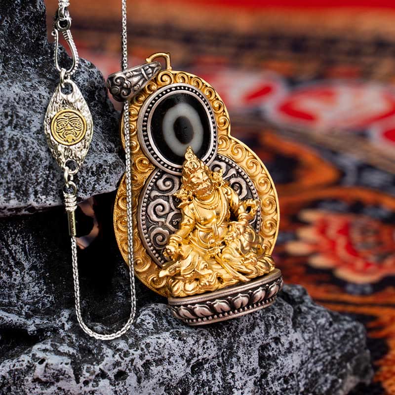 Buddhist Blessing 925 Sterling Silver Tibet Yellow Jambhala God of Wealth Dzi Bead Om Mani Padme Hum Happiness Necklace Pendant