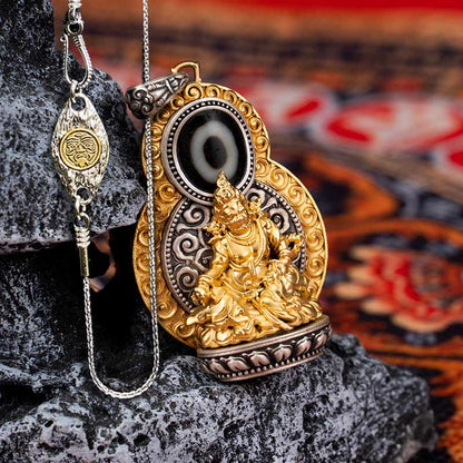 Buddhist Blessing 925 Sterling Silver Tibet Yellow Jambhala God of Wealth Dzi Bead Om Mani Padme Hum Happiness Necklace Pendant