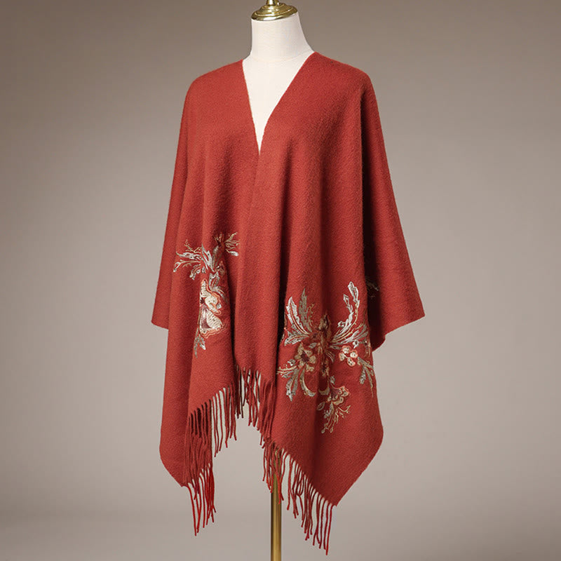 Buddhist Blessing Wool Shawl Red Flower Gold Sequins Embroidery Tassel Winter Cozy Travel Scarf Wrap