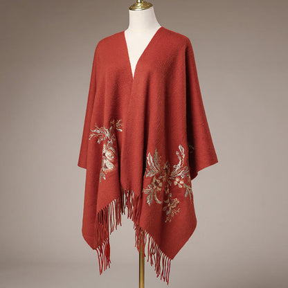 Buddhist Blessing Wool Shawl Red Flower Gold Sequins Embroidery Tassel Winter Cozy Travel Scarf Wrap