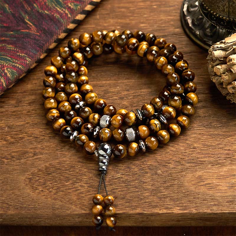 Buddhist Blessing 108 Mala Beads Natural Stone Tiger Eye Multi-turn Protection Bracelet