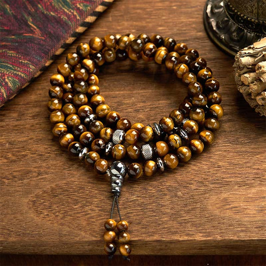 Buddhist Blessing 108 Mala Beads Natural Stone Tiger Eye Multi-turn Protection Bracelet