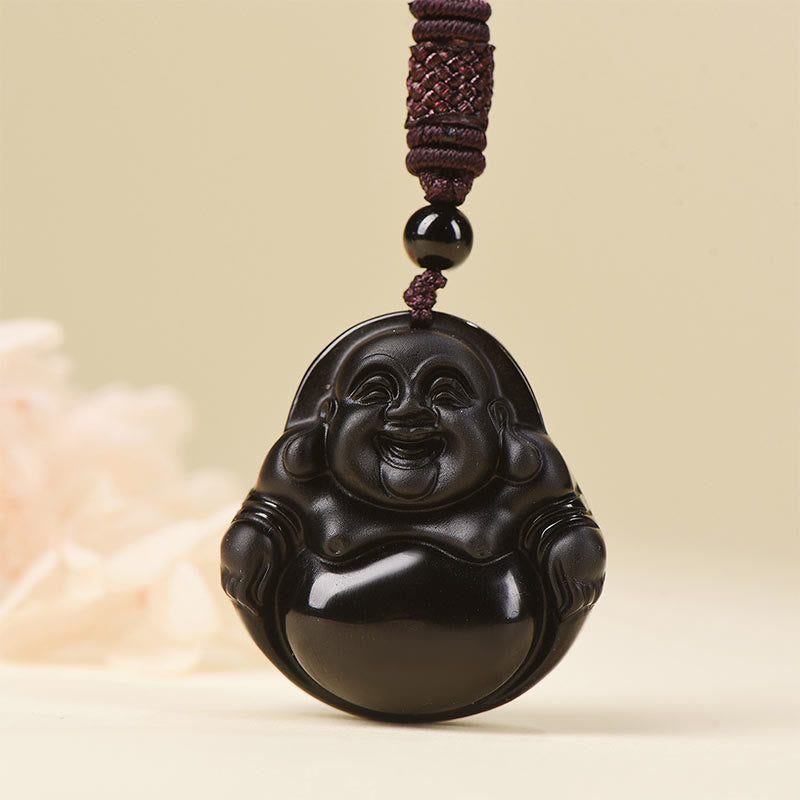 Buddhist Blessing Natural Black Obsidian Ice Obsidian Laughing Buddha Purification Necklace Pendant